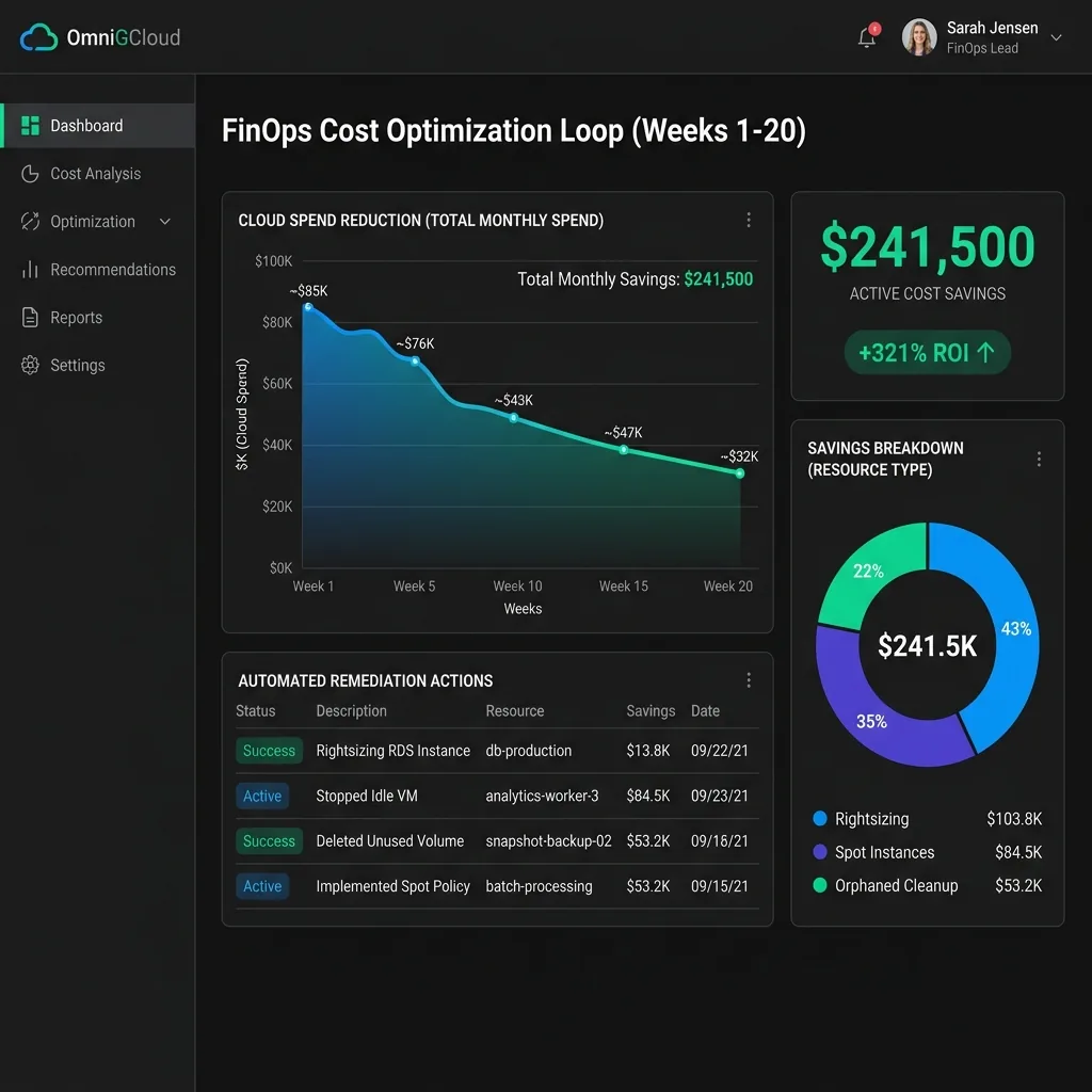 ROI overview: cloud cost optimization line graph, savings drivers, and payback period